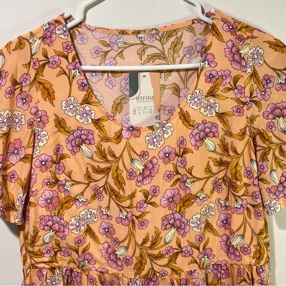 BTFBM Women's Extra Small Orange Floral Short Sleeve Midi Dress - Picture 4 of 14